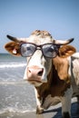 A cow with sunglasses sunbathing on the beach in summertime Generative AI Illustration Royalty Free Stock Photo