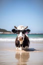 A cow with sunglasses sunbathing buried on the beach sand in summertime Generative AI Illustration Royalty Free Stock Photo