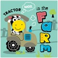 Cow and tractor in the farm funny animal cartoon Royalty Free Stock Photo