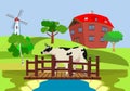 Cow walking onbridge over the river, countryside landscape vector illustration