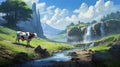 Anime-inspired Cow In Expansive Landscape With Waterfall