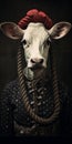 Exquisite Dark Surrealism: Analog Portrait Of A Cow In Braided Braids And Trachten