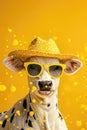 A cow wearing sunglasses and a hat is standing on a yellow background Royalty Free Stock Photo