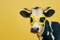 Cow in yellow superhero mask. Generative AI