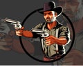 Cowboy in action pointing two pistols Royalty Free Stock Photo