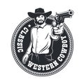 Cowboy aiming a gun - retro western badge. Royalty Free Stock Photo