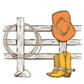 Cowboy American ranch with cowboy boots, cowboy hat and lasso on wood fence. Vintage Westerrn symbol hand drawn color illustration