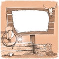 Cowboy background with wood board for text. American ranch monochrome illustration