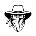 Cowboy Bandit Outlaw Highwayman or Bank Robber Wearing Face Mask Front View Mascot Black and White