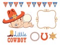 Cowboy birthday party set. Cowboy baby in Western hat and sheriff star. Vector holiday set isolated Royalty Free Stock Photo