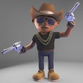 Cowboy black rapper wearing stetson and firing pistols in the air, 3d illustration