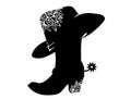 Cowboy boot black silhouette for text or decoration. Vector Cowgirl party printable illustration isolated on white. Western boot Royalty Free Stock Photo