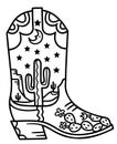 Cowboy boot cactus and stars decoration. Vector hand drawn illustration of Cowboy boot with cactus and night moon decor printable