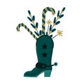 Cowboy boot with christmas decor, plants and sweets isolated illustration Royalty Free Stock Photo