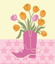 Cowboy boot with flowers decoration. Vector cowboy boot and beautiful yellow pink tulips flowers on stars backgrolund. Royalty Free Stock Photo