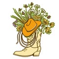 Cowboy boot with Flowers and cowboy hat and lasso decor. Sketch hand drawn vector close-up color illustration Royalty Free Stock Photo
