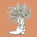 Cowboy boot with Flowers isolated for design. Sketch hand drawn vector close-up illustration