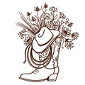 Cowboy boot with Flowers isolated on a white background. Sketch hand drawn vector close-up illustration with cowboy hat and lasso Royalty Free Stock Photo