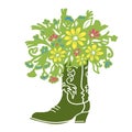 Cowboy boot with Flowers isolated on a white background. Sketch silhouette hand drawn vector close-up color illustration