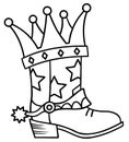 Cowboy boot with King crown. Cowgirl crown boot stars decoration vector printable illustration isolated on white background for de