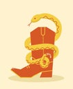 Cowboy boot and snake on old paper background. Vector cartoon wild west illustration with snake and cowboy boots.