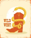 Cowboy boot and snake on old paper background. Vector cartoon wild west illustration with snake , cowboy boots and text.