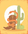 Cowboy boot and snake on old paper cactuses American desert background.