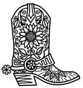 Cowboy boot sunfloral decoration. Vector hand drawn illustration of Cowboy boot with sunflowers decor printable black outline styl