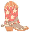 Cowboy boot western stars decoration. Vector colors illustration of Cowboy boot with leather stars decor printable