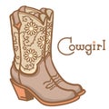 Cowboy boots with American traditional ornate and flowers decoration. Cowgirl boots with text color vector illustration isolated