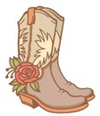 Cowboy boots with American traditional ornate and roses floral decor. Outline vector illustration isolated on white for print