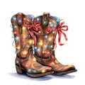 Cowboy Boots with Bow wrapped in Christmas Lights