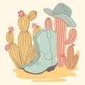 Cowboy boots and cactuses vector illustration. Vintage Countryside color illustration cowboy boots and hat in tender colors style.