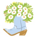 Cowboy boots with chamomile bouquet decoration. Country western boots vector color illustration Country wedding decor