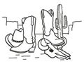 Cowboy boots and cow skull. Wild West Arizona desert landscape with cactus. Vector Western black hand drawn cut file