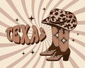 Cowboy boots and cowboy hat with cow print. Brown Western style boots and Texas text on a retro background.