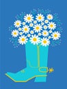 Cowboy boots and flowers. Vector cowboy boot and fresh chamomile bouquete on blue background. Country decoration for design.