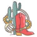 Cowboy boots and green cactus. Countryside vector color illustration with horseshoe and lasso isolated on white background. Royalty Free Stock Photo