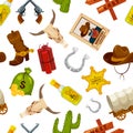 Cowboy, boots, guns and other wild west objects in cartoon style. Vector seamless pattern Royalty Free Stock Photo