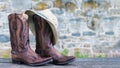 Cowboy boots with hand embroidered close-up of stone wall background. Place for text Royalty Free Stock Photo