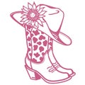 Cowboy boots and cowboy hat with flowers decoration. Cowgirl boots vector pink graphic illustration isolated on white for print.