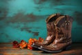 cowboy boots and hat laying on a teal background Royalty Free Stock Photo