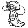 Cowboy boots and cowboy hat with sunflowers decoration. Cowgirl boots vector black graphic illustration isolated on white for