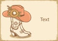 Cowboy boots and cowboy hat with sunflowers decoration. Cowgirl boots vector vintage illustration. Country wedding hand drawn