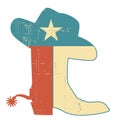 Cowboy boots and hat Texas flag decoration. Grunge vector American symbol vintage illustration isolated on white Royalty Free Stock Photo