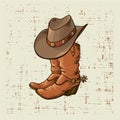 Cowboy boots and hat.Vector graphic illustration on old grunge background Royalty Free Stock Photo