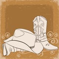 Cowboy boots and hat.Vector grunge background Royalty Free Stock Photo