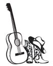 Cowboy boots and music guitar on white Royalty Free Stock Photo