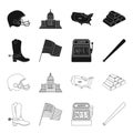 Cowboy boots, national flag, slot machine, baseball bat. USA country set collection icons in black,outline style vector Royalty Free Stock Photo