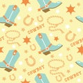 Cowboy boots seamless pattern with rodeo elements. Wild West cowboy boots and horseshoe and cowboy lasso. Vector baby style tender